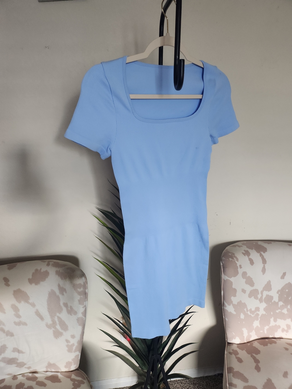 Square Neck Ribbed Crop Top in Light Blue - Women's